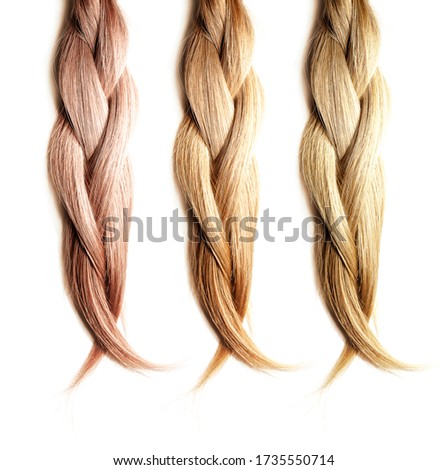Healthy, shiny hair is braided on a white background. Hair samples of different shades.