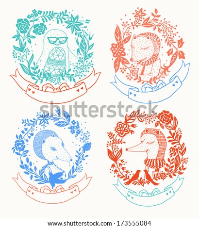 vector set of floral frames with cute animals