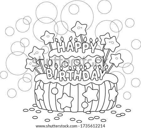 Fancy sweet birthday cake decorated with burnings letters candles, black and white outline vector cartoon illustration for a coloring book page