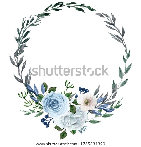 Watercolor handdrawn blue wreath. Circle frame clip art with blue flowers and leaves. Isolated floral Illustration. Perfect template for design, print, Wedding invitation, Birthday, Bridal shower
