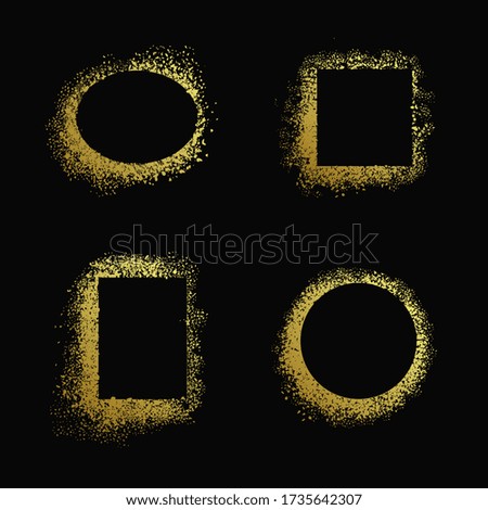 Golden graffiti paint square, rectangle, round frames. Gold grunge spray borders Airbrush ink dot banners set.