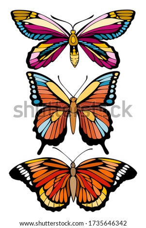 Beautiful colorful hand drawn black outline butterflys vector set. Bright wings illustration for design, textile, greetings, stiker, poster, wall art. 