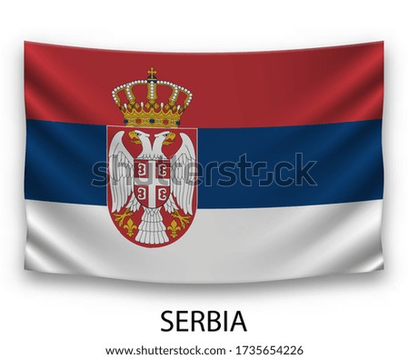 Hanging silk flag of Serbia. Vector illustration.