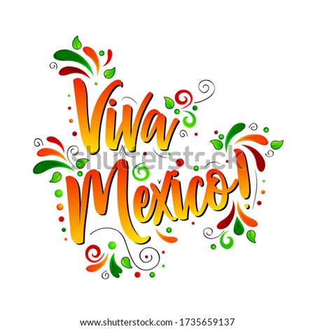Viva Mexico! Colorful Traditional mexican phrase holiday, Vector lettering isolated illustration on white  background with floral elements. 