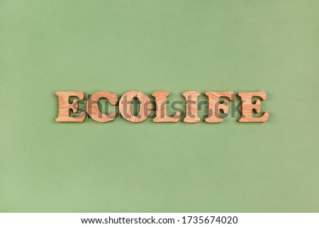 Word "Ecolife" made of wooden letters on a green background. Minimalist concept of green life. Conscious consumption and waste minimization.