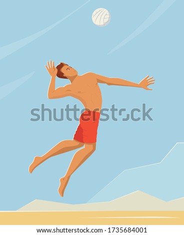 Beach volleyball player in sport shorts jumping and serving the ball. Spike training. The arm is laid back, the legs are bent at the knees. Handsome man hits the ball, side view. Flat design