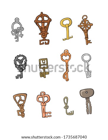 A set of antique keys made of non-ferrous metal of different sizes and shapes, drawn in a vector on a white background