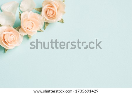 Cream yellow spray roses on a blue background, copy space. Gentle flat lay. Top view with space for your text. For cards, announcements and wedding invitations