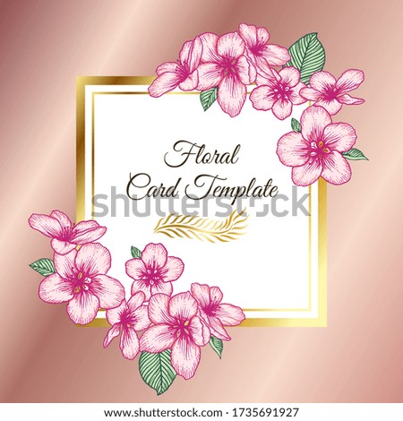 Vector botanical floral wedding invitation elegant card template with pink apple flowers and golden frame. Romantic design for greeting card, natural cosmetics, women products.