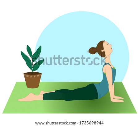 Illustration yoga upward facing dog pose. Peace and calm in quarantine. Physical activity while stay at home.