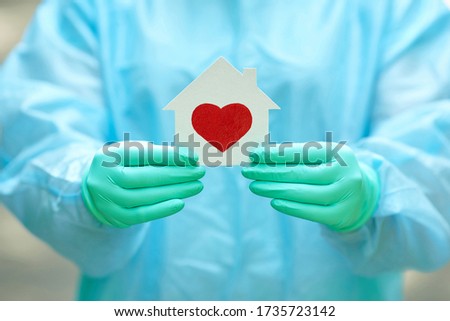 Children's card in the form of a house. Stay Home. Stay safe. Thank you brave healthcare working in the hospitals and fighting the coronavirus outbreak. Epidemic concept COVID-19.