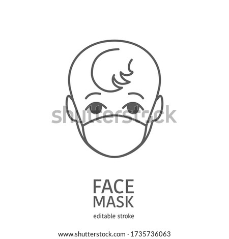Baby wearing facial protective mask. Anti coronavirus or disease concept. Editable icon. Premium design.