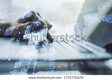 Abstract creative coding illustration with hands typing on laptop on background, software development concept. Multiexposure