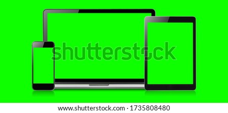 Mockup image of Laptop, tablet and mobile blank green screen in vertical position isolated on green background, Concept device mockup.