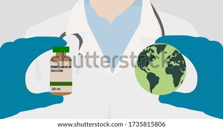 Flat vector isolated design of a doctor is holding corona virus vaccine and globe.