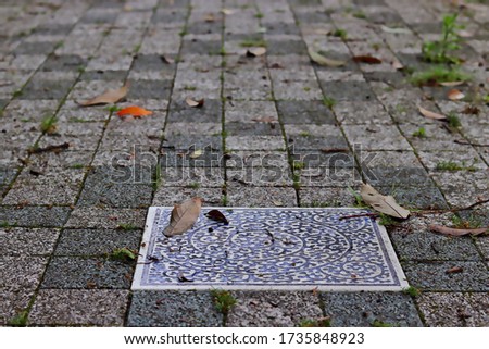 Arita-cho, Saga Prefecture, Japan.Pottery tiles embedded on the sidewalk.