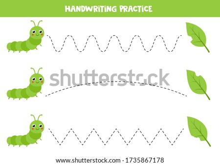 Handwriting practice with cute cartoon caterpillar and leaves. Tracing lines for preschool children. earn to write and to draw. Educational worksheet for kids.