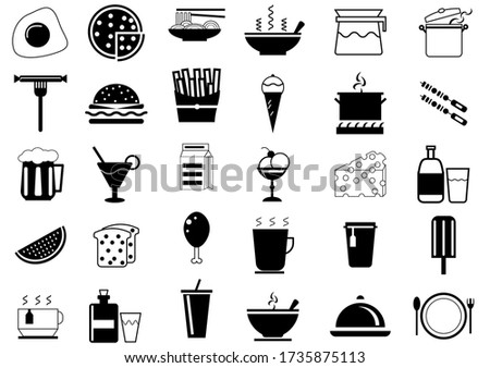 Food and Drink icons collection set.Included icons such as meat,desserts,fruits and breakfast
burger with sausage,ice cream on stick.Vector meal and food concept.