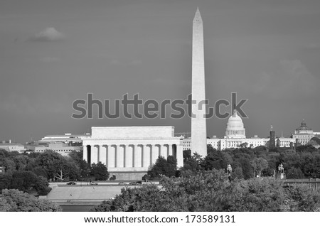 Washington DC skyline including Lincoln Memorial, Washington Monument and United States Capitol building - Black and White 