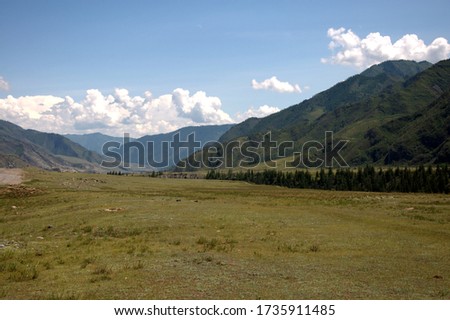 The pasture is spread in a picturesque valley between the mountain peaks. Altai, Siberia, Russia.
