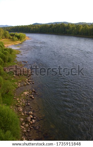 The shore of a calm river with stony banks overgrown with grass. Biya River, Altai, Siberia, Russia. Royalty-Free Stock Photo #1735911848