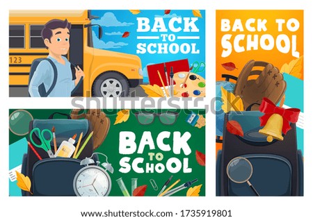 School and college education banners. Pupil standing near school bus. Classroom blackboard with stationery, textbooks and schoolbag, sports equipment, bell and autumn leaves