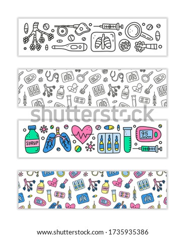Horizontal banners with doodle pneumonia icons including alveoli, lungs, x-ray, cough syrup, heart, icu ventilator, pulse oximeter, vaccine ampoules, etc. Used clipping mask.