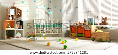 Baby room interior with comfortable crib. Banner design