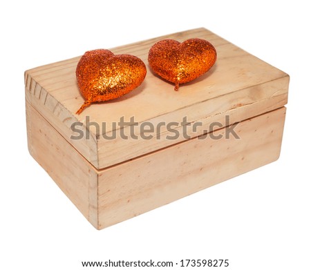 Heart on box, a wood box contains pink heart shape  decoration.