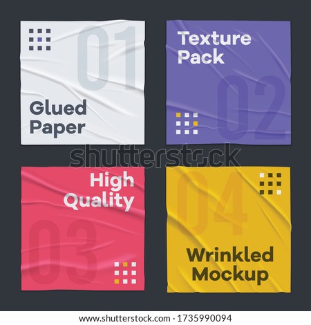Badly glued wrinkled crumpled 4 colorful square paper sheets texture banners set black background realistic vector illustration   Royalty-Free Stock Photo #1735990094