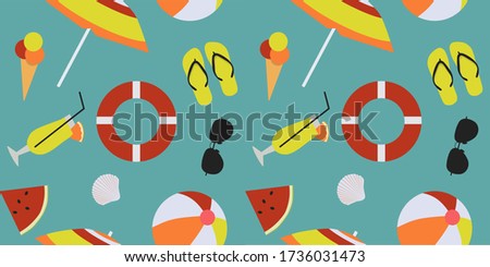 Seamless pattern with beach stuff, summer objects vector collection.