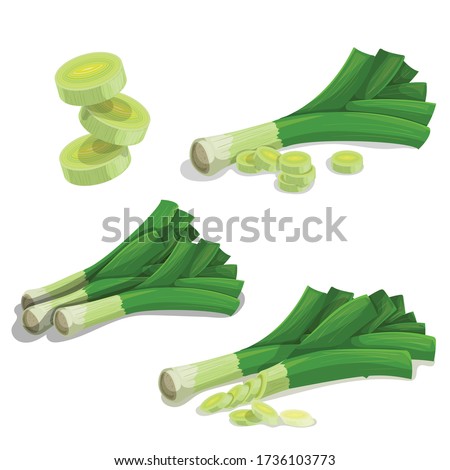Leek set in flat cartoon style. Single whole and group vegetables with cuts. Flying leeks cuts. Farm fresh products. Organic healthy food. Vector illustrations collection isolated on white background. Royalty-Free Stock Photo #1736103773