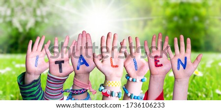 Children Hands Building Word Italien Means Italy, Grass Meadow