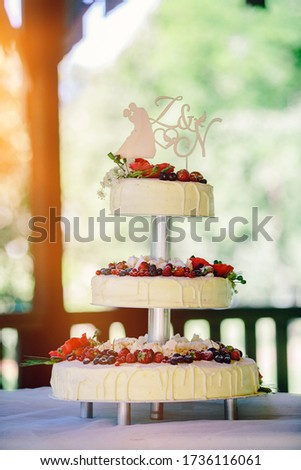 White wedding cake with flowers, strawberries, blueberries, raspberries and cranberries