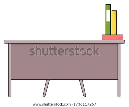 Illustration of teacher's workplace or student's school desk with stack of books, in a cartoon style. Back to school concept. Chair and a table with books, folders on the table for school education