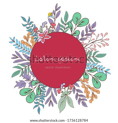Flower wreath, cartoon flowers crown and red round label for text, plant frame, vintage template. Multicolored flower bud, stems, branches and leaves, isolated on white background. Vector illustration