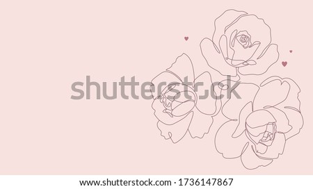 Botanical illustration with line art. Rose and peony flowers single line drawing. One line minimalist style sketch with hearts for print, banner, card or invitation. - Vector