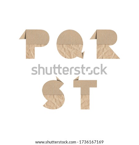 Alphabet letters P Q R S T with brown origami paper on white background.