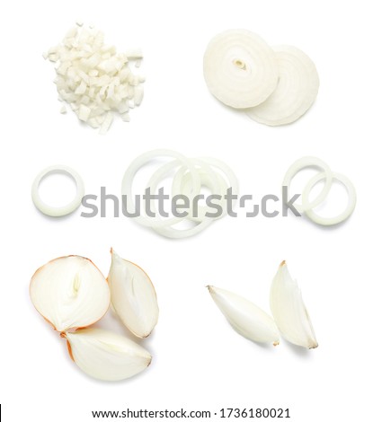 Raw cut onion on white background Royalty-Free Stock Photo #1736180021
