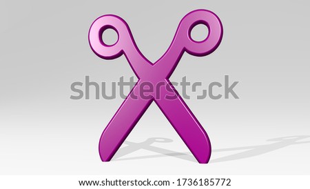 SCISSORS on the wall. 3D illustration of metallic sculpture over a white background with mild texture