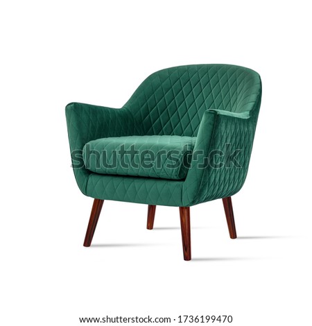 Classic armchair art deco style in turquoise velvet with wooden legs isolated on white background. Front view, grey shadow. Series of furniture Royalty-Free Stock Photo #1736199470