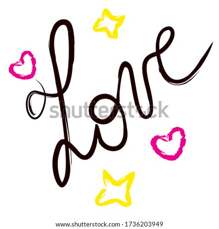Handwritten word "Love" surrounded by stars and hearts. Vector illustration for card, presentation, animation, motion design.