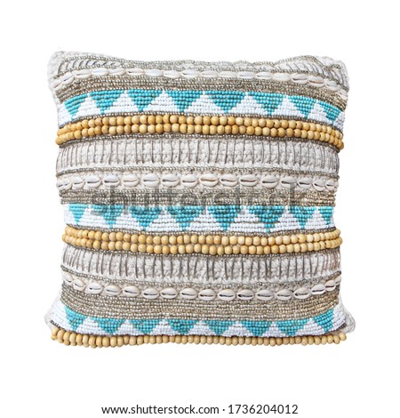 pillow cushion knitted macrame with shell and beads isolated on white background. Details of modern boho, bohemian, scandinavian and minimal style eco design interior