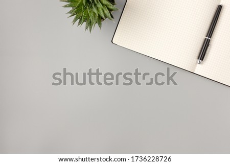 Work office desk table with notepad, pen and home plant. Top view with copy space, flat lay finance background