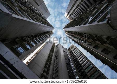 Sky through the tower buildings in Hong Kong