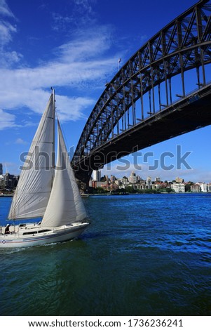 A sailboat cruising on Sydney harbour near Harbour bridge