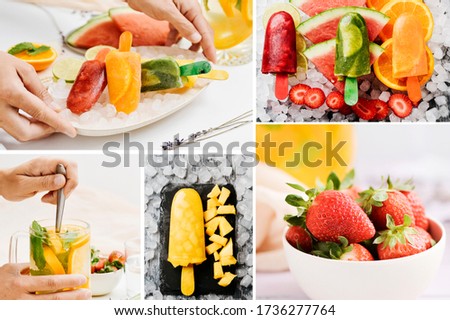 a collage of some pictures of fruit and different homemade natural ice pops made with natural fruit juices and pieces of fruit