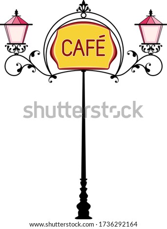 Wrought Iron Cafe Signage With Lamp Vector Illustration