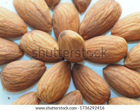 Roasted almonds in close up view showing the texture and pattern on the brown kernel