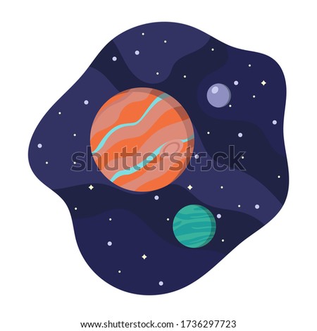 Planets in space. Cosmic vector illustration of Jupiter, moons and stars. Astronomy and science cartoon concept. Solar system elements.